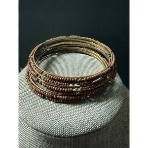 Beaded Bangle Bracelet Set (6) Brown Gold Tone Stackable Layered Boho Festival